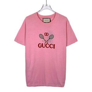 Gucci Pink Cotton Tennis Racket Embroidered Logo T-Shirt Short Sleeve Round Neck